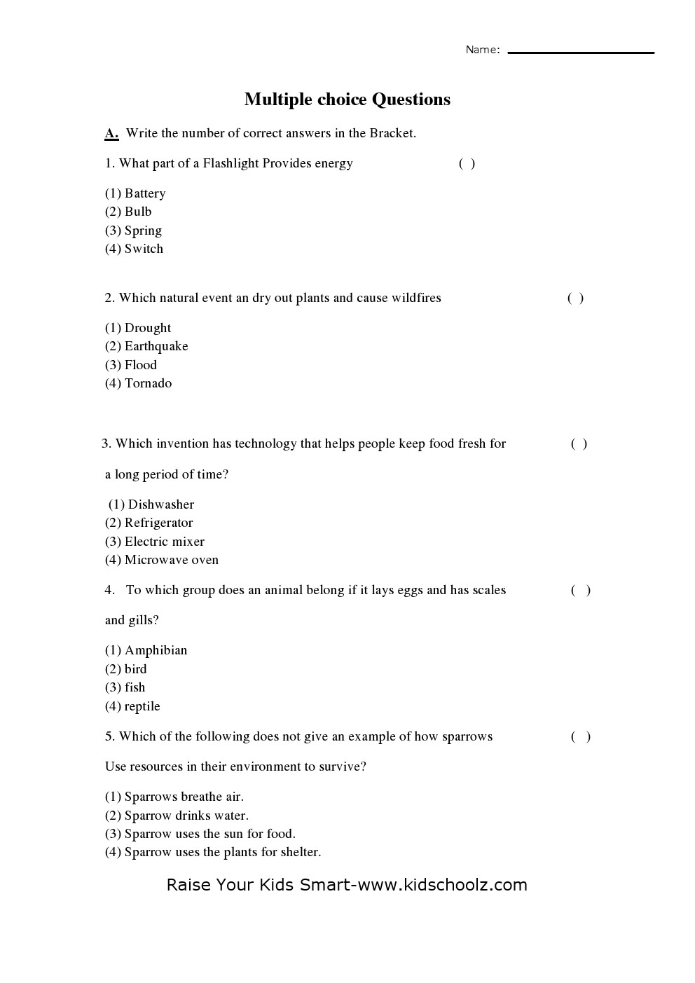 Grade 4 - Science Question and Answers Worksheet
