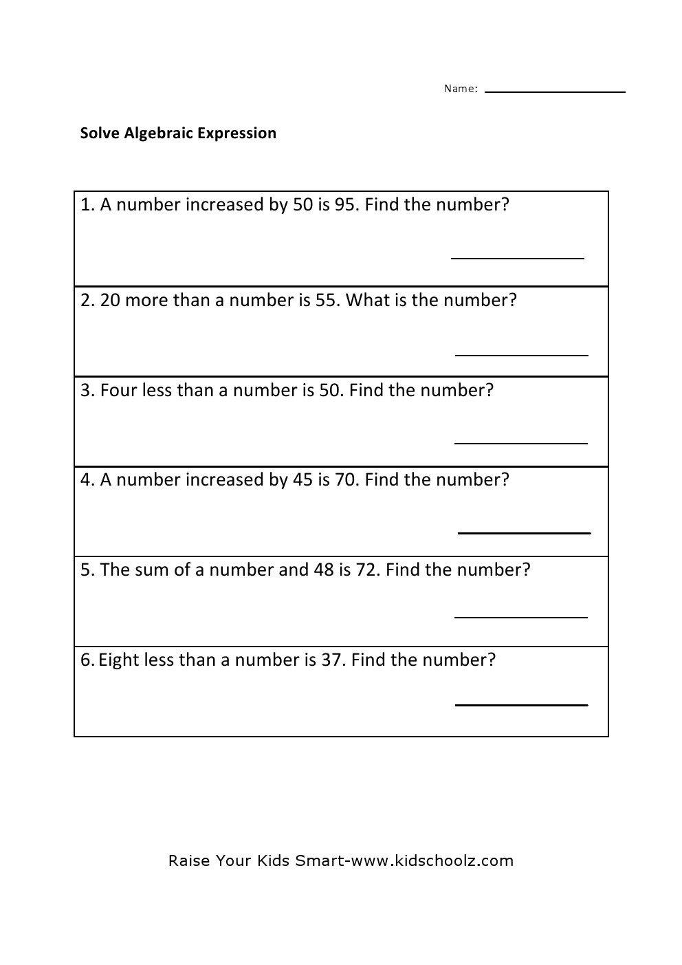 Grade 5 - Algebraic Expression Worksheet