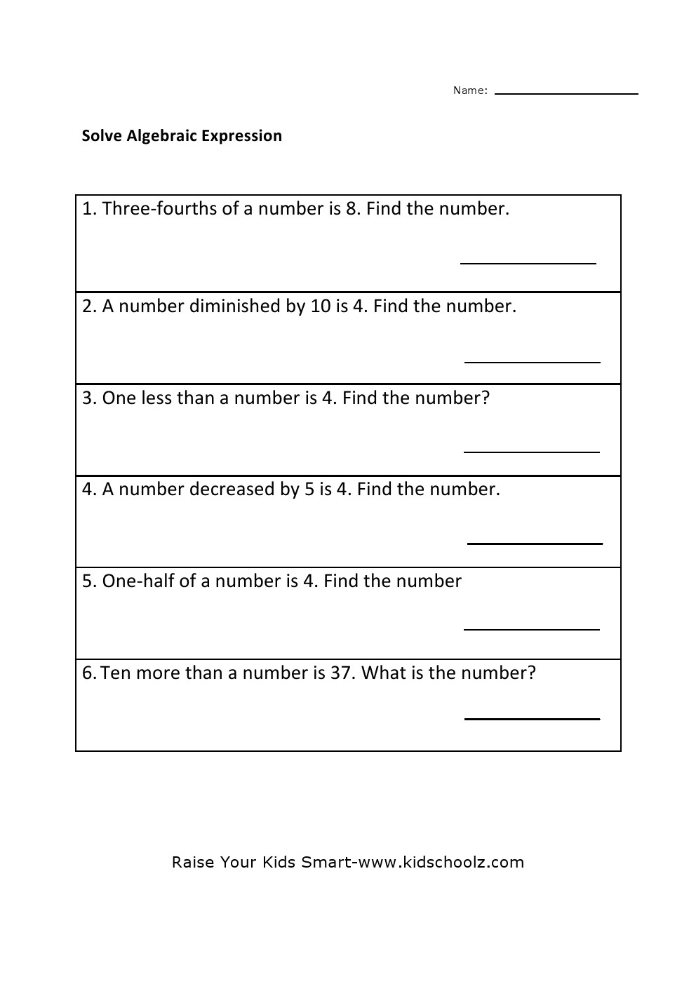 Grade 5 - Algebraic Expression Worksheet