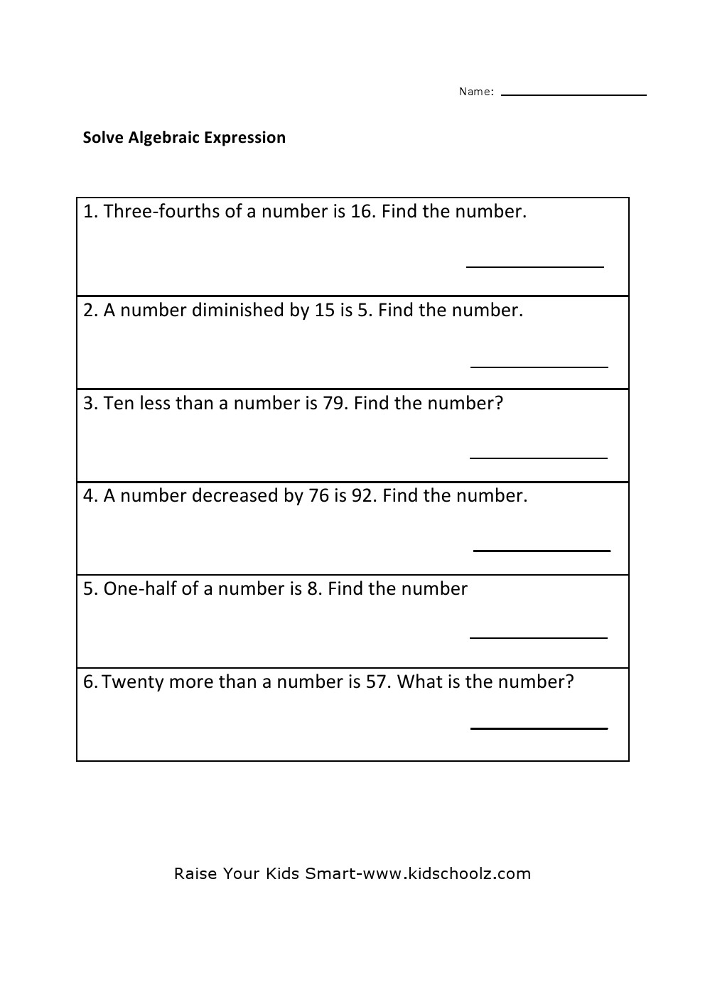 Grade 5 - Algebraic Expression Worksheet