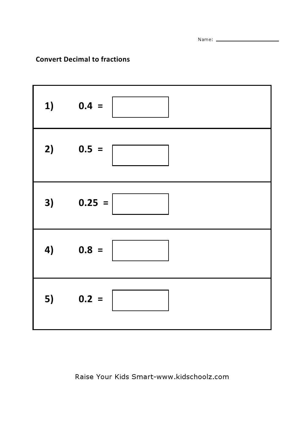 Grade 5 - Convert Decimal to Fraction Worksheet