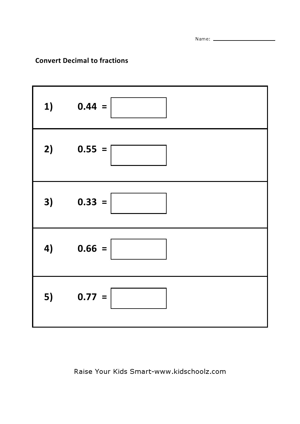 Grade 5 - Convert Decimal to Fraction Worksheet
