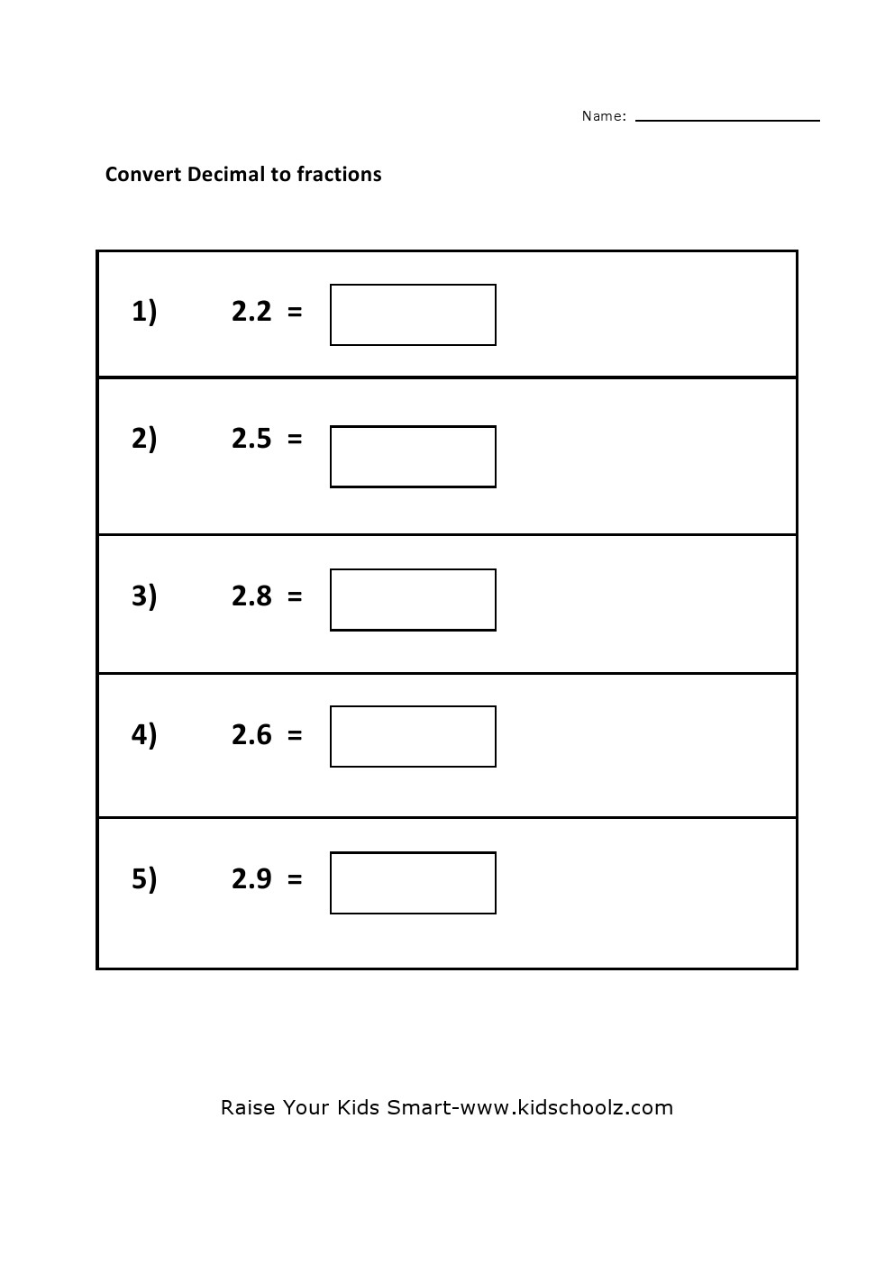 Grade 5 - Convert Decimal to Fraction Worksheet