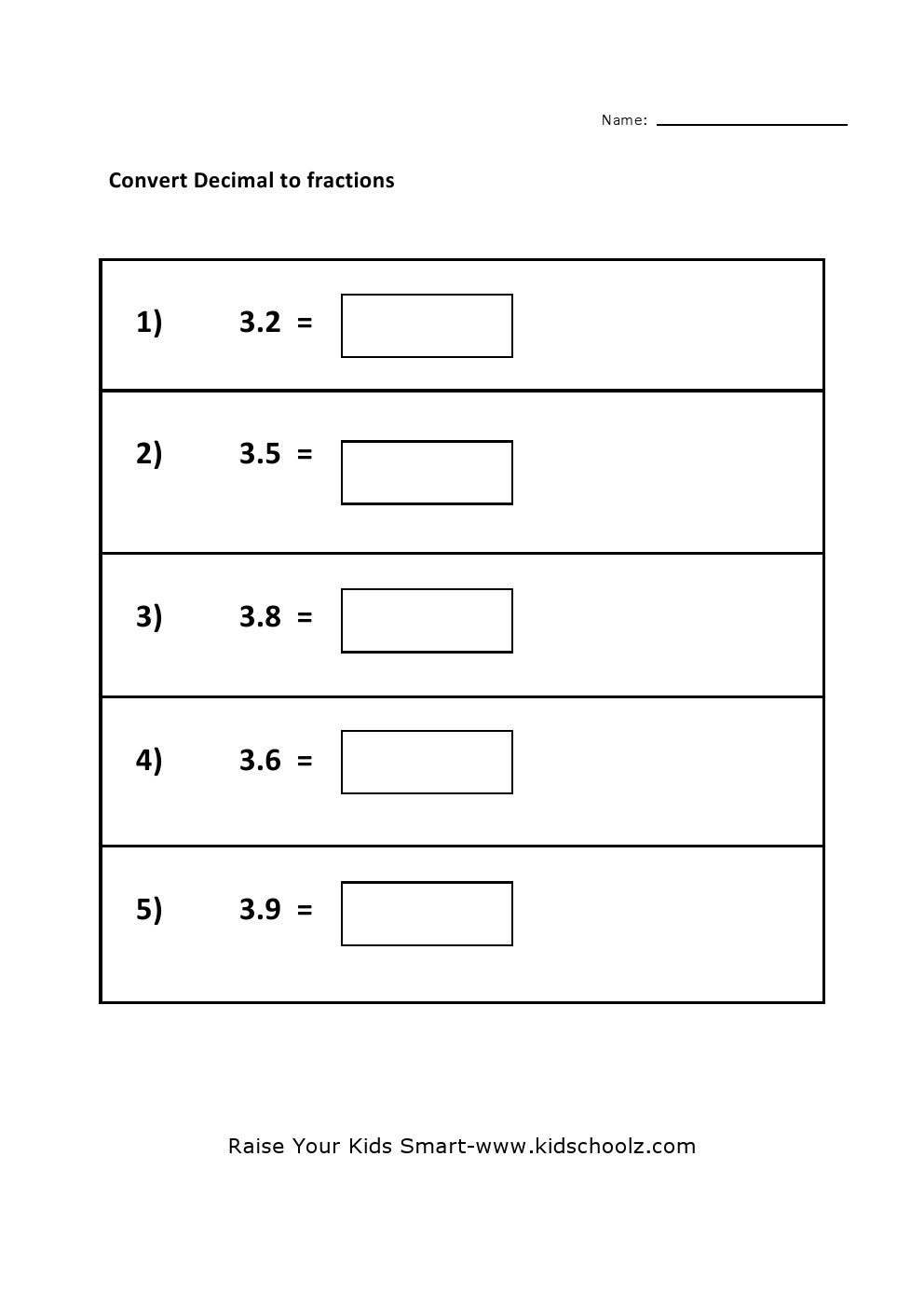 Grade 5 - Convert Decimal to Fraction Worksheet