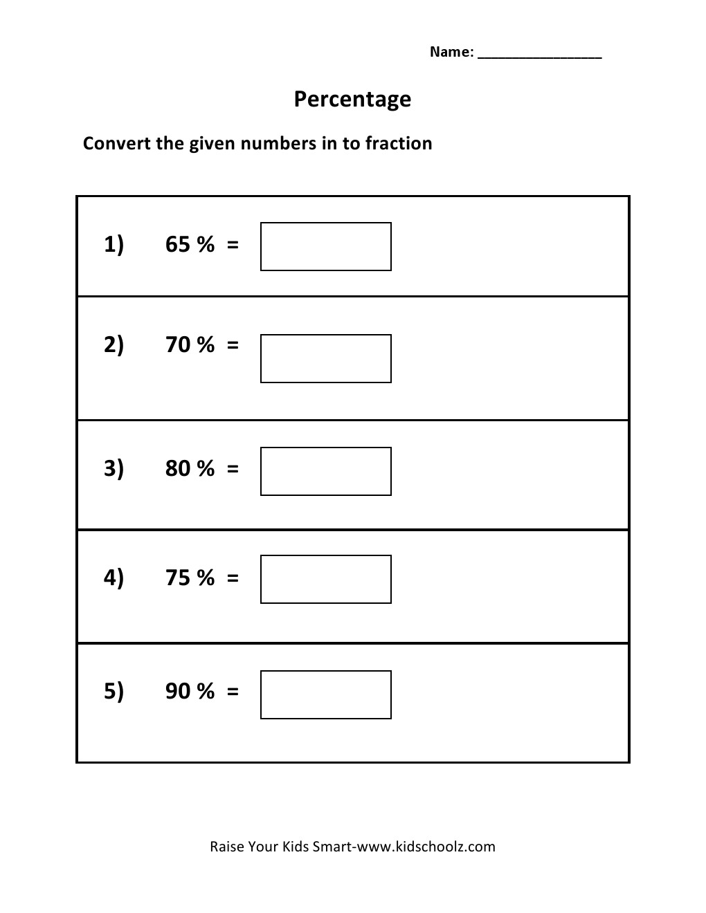 Grade 5 - Percentage To Fraction Worksheet