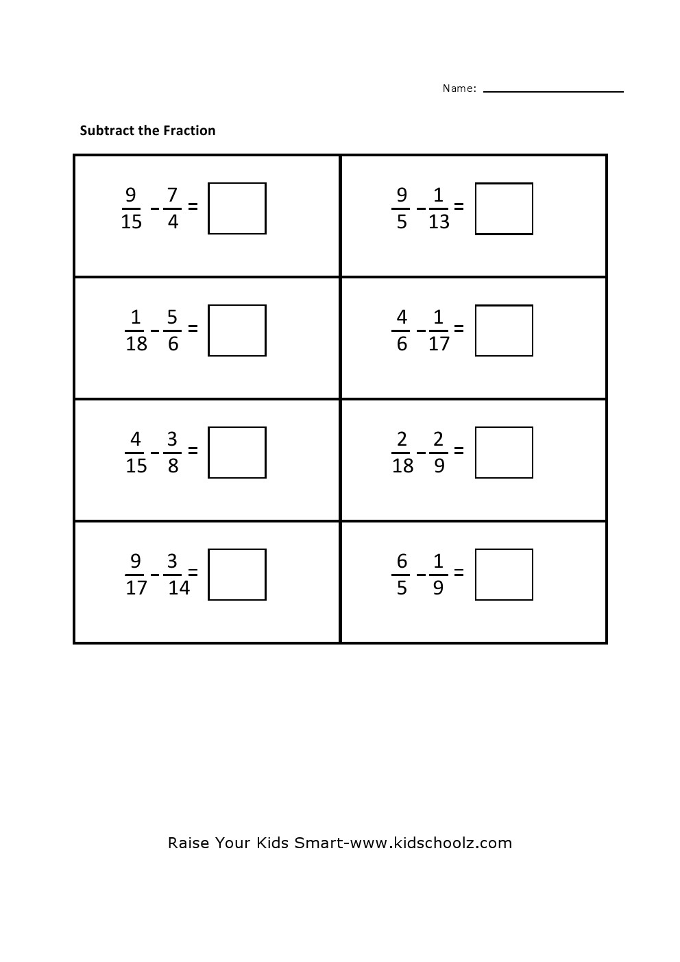 Grade 5 -Fraction Subtraction Worksheet