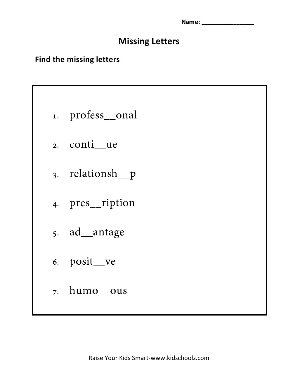 Grade 5 - Missing-Letter Worksheet