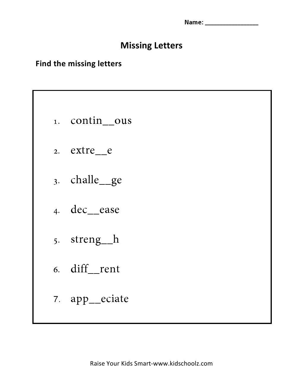 Grade 5 - Missing-Letter Worksheet
