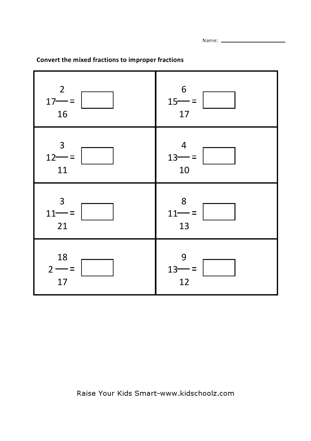 Grade 5 -Mixed Fraction Improper Worksheet