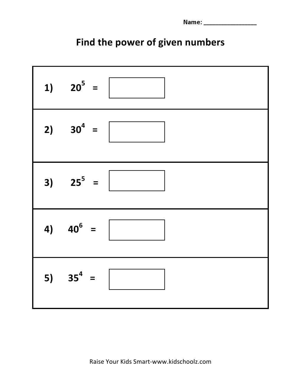 Grade 5 - Powers Worksheet