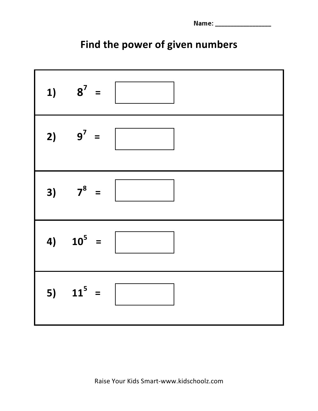 Grade 5 - Powers Worksheet