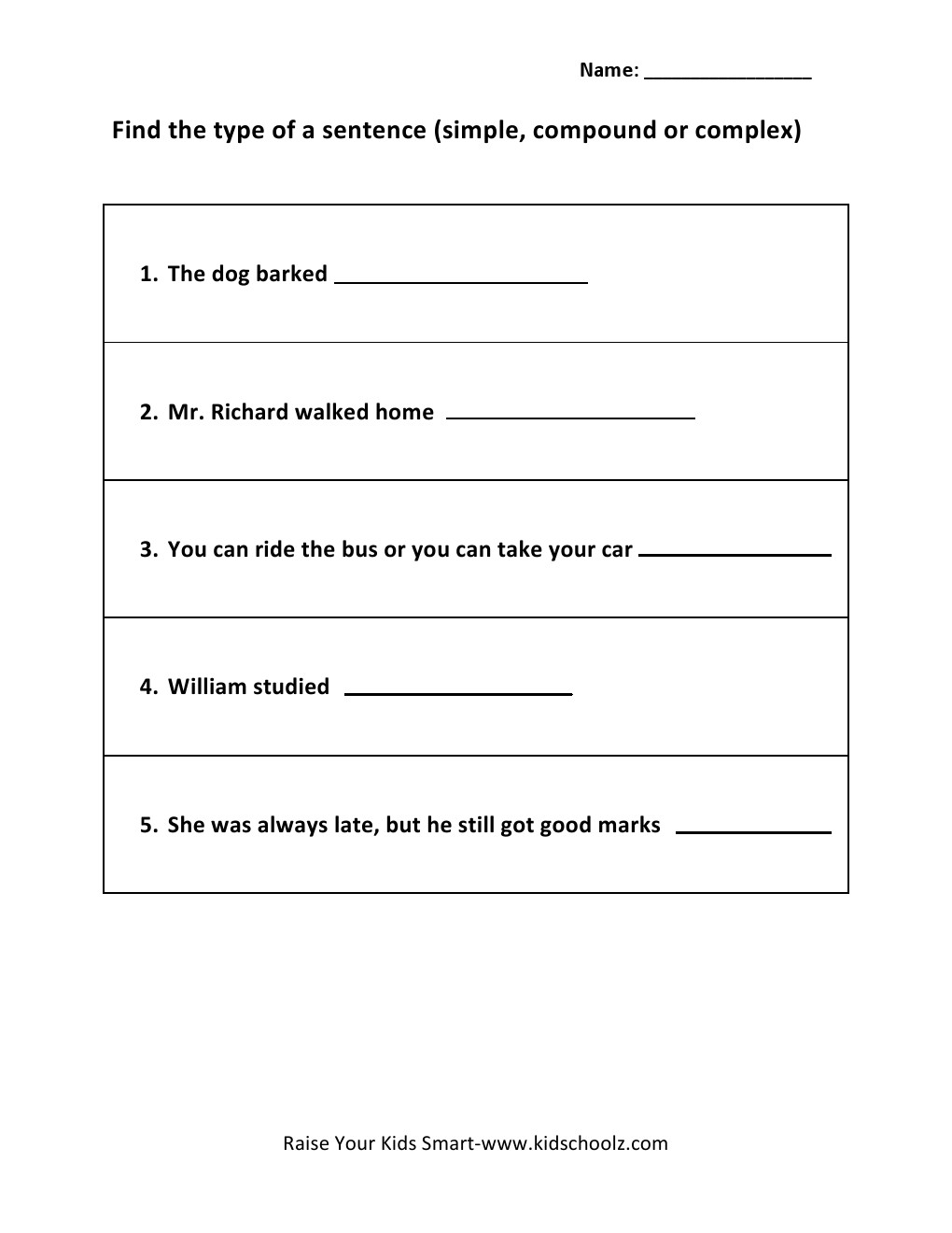Grade 5 -Types of sentence Worksheets 