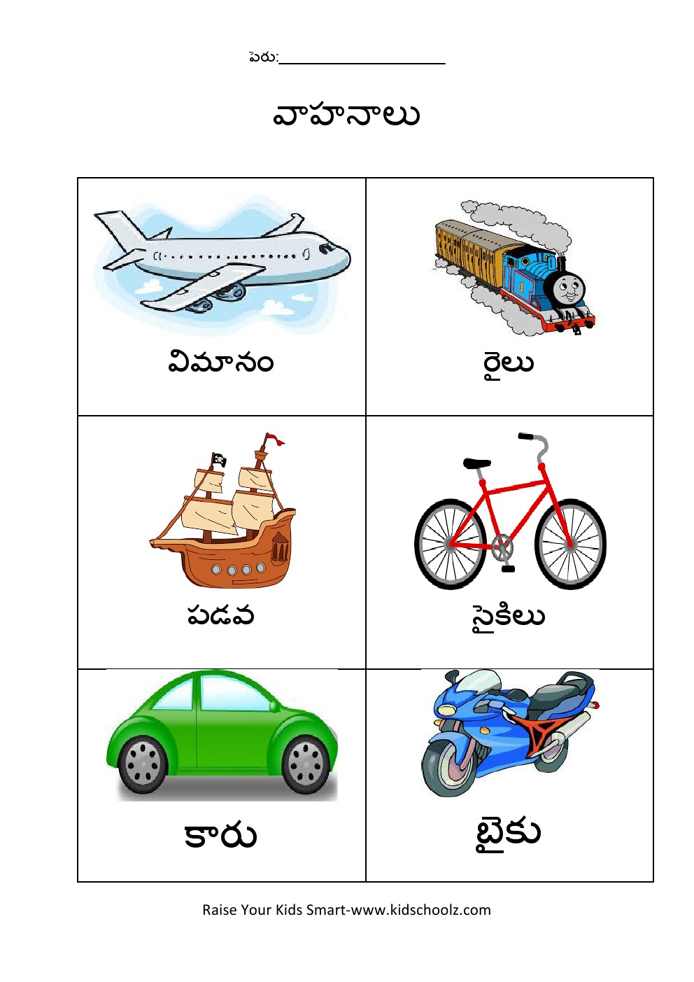Telugu- vehicles worksheet