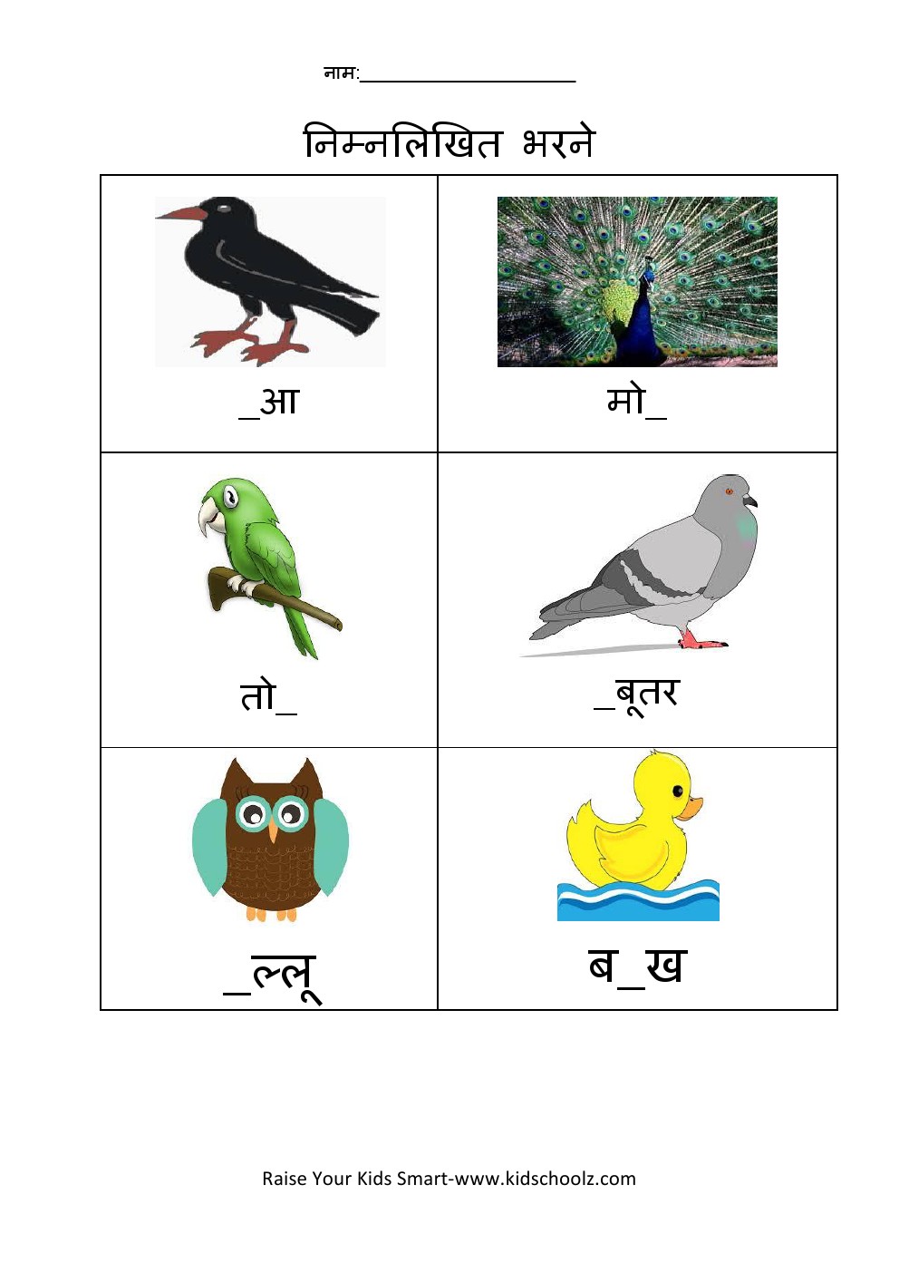 Hindi- Birds Worksheet 
