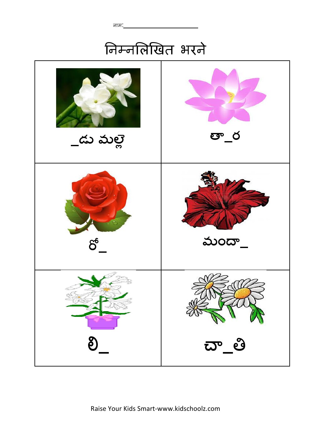 Hindi- Flowers Worksheet 