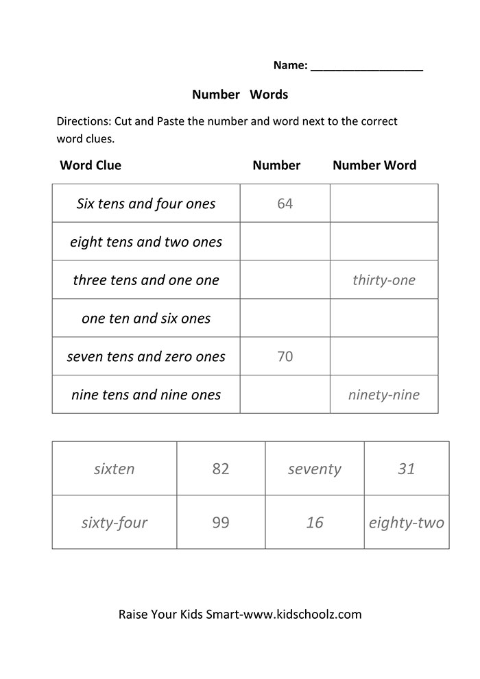Grade 1 – Convert Numbers To Words Worksheet
